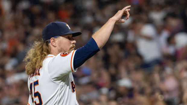 Sep 2, 2023; Houston, Texas, USA; Houston Astros relief pitcher Ryne Stanek (45) reacts after pitching against the New York Yankees to end the top of the ninth inning at Minute Maid Park. Mandatory Credit: Thomas Shea-USA TODAY Sports